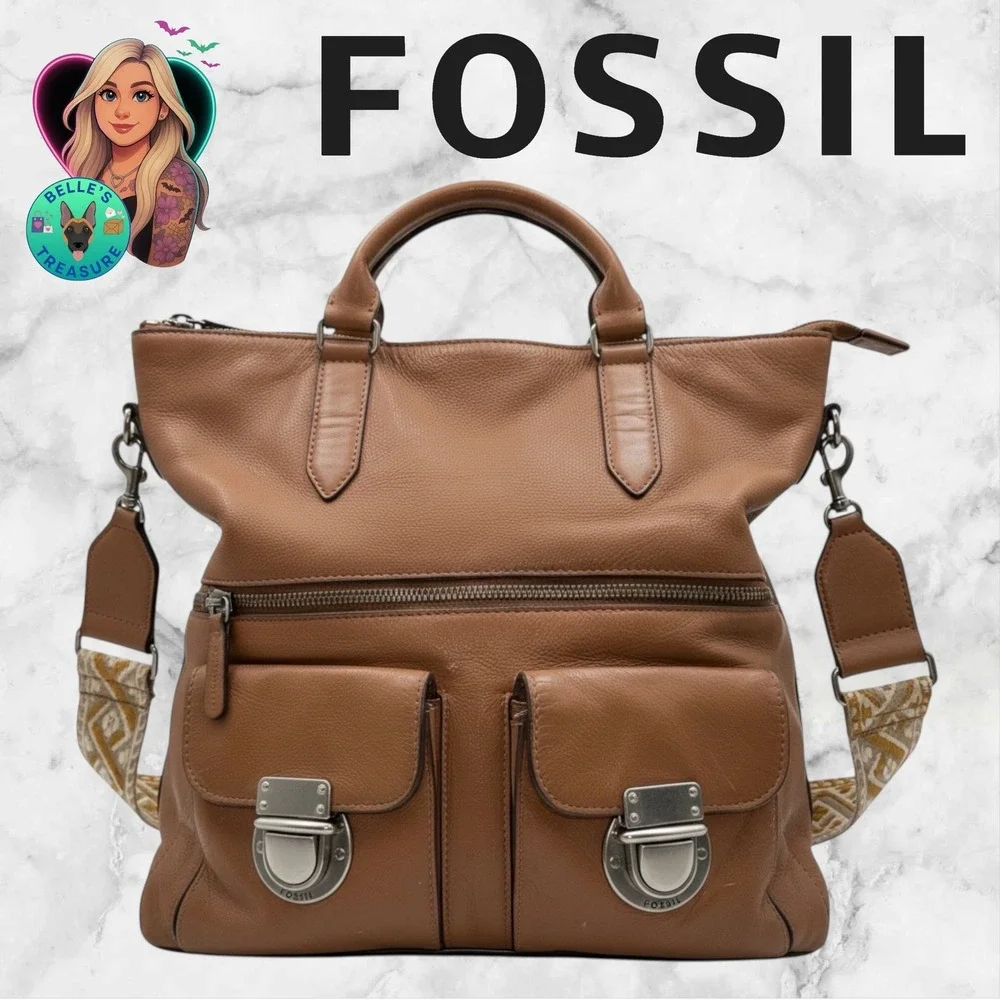 Fossil Brown Soft Leather Satchel Bag‎ Crossbody and Double Handles Push Locks